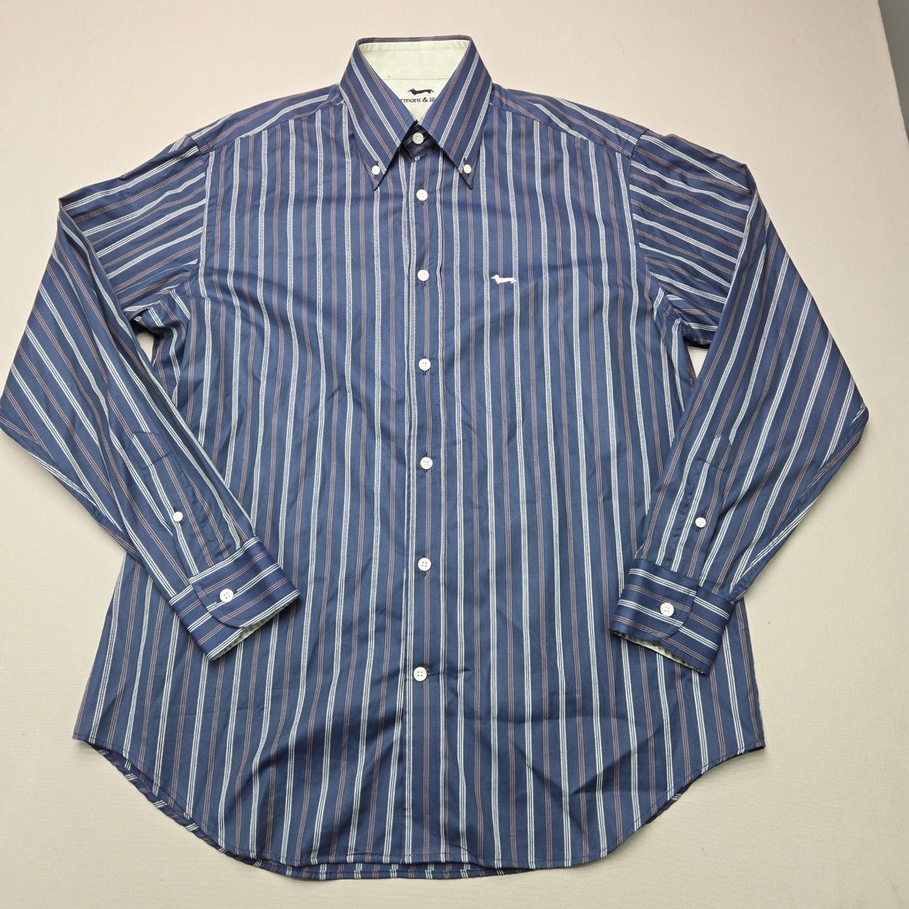 Harmont & Blaine Button Down Shirt Striped Logo Navy Blue Mens Size L Italy